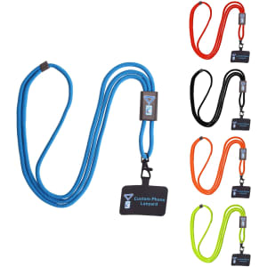 An adjustable phone lanyard in blue with a metal buckle, alongside options in orange, black, red, and green.