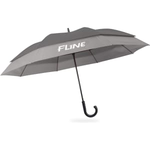 A grey expandable golf umbrella with a hook handle, featuring a logo on the canopy.