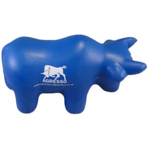A blue bull-shaped stress reliever with a logo, designed for fun and relaxation.