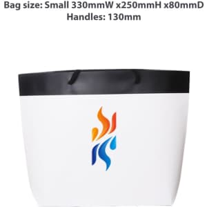 A small black and white boutique paper bag with a colourful logo, measuring 330mm wide, 250mm high, and 80mm deep.