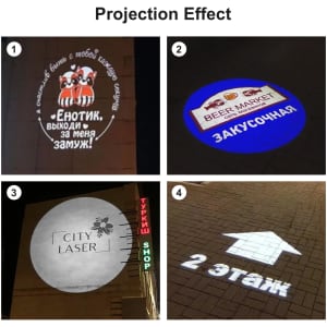 A projection light showcasing various logo and text designs on surfaces, featuring bright colours and sharp imagery.