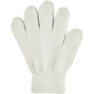 Plain knitted gloves in white, featuring a woven label and a ribbed cuff for a secure fit.