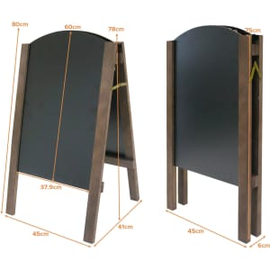 A-frame chalkboards in dark wood, showcasing a sturdy design with two chalkboard surfaces and measurement details.
