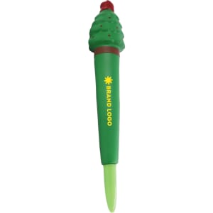 A green pen shaped like a tree, featuring a soft stress reliever on top and a branding logo.