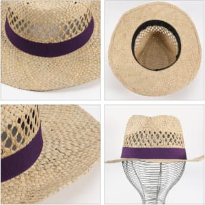 A straw cowboy hat in natural colour with a purple band, featuring an open weave design and a round crown.