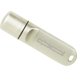 A light grey flash drive with a sleek design and a logo featured on its surface.