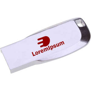 A silver Mini Key Flash Drive with a logo on its side. Compact and sleek design for easy portability.