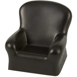 A black chair-shaped stress reliever, designed to resemble a small armchair, with rounded arms and a smooth surface.
