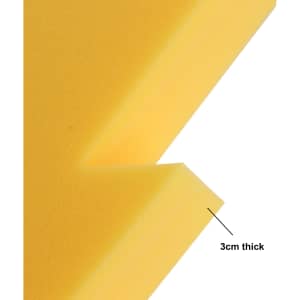 A close-up of a yellow sponge material, featuring a cutout section, with an annotation indicating a thickness of 3 cm.