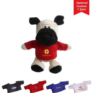 A plush dog toy with black and cream fur, wearing a red customisable T-shirt. Includes alternative T-shirt options in various colours.