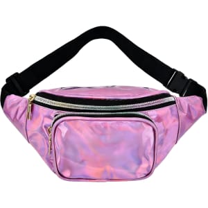 A holographic pink fanny pack with black straps and multiple zippered compartments. It features a logo on the front.