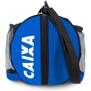 A round, blue backpack with a zipper and mesh pockets, featuring a logo on the front.