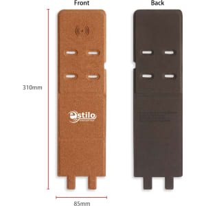 A cork wireless charger in tan on the front and black on the back, with cutouts and a logo. Measures 310mm by 85mm.