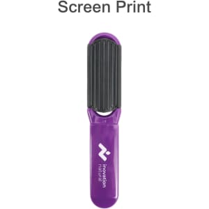 A folding hair brush with a mirror, featuring a purple handle and a black textured grip. It has a branding logo.