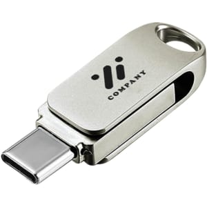 A silver Type-C flash drive with a metallic finish and a branding logo on its side.