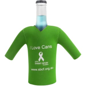 A drink bottle in a green cricket jersey cooler. The cooler features short sleeves and has a logo.