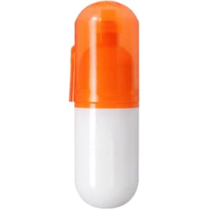 A capsule-shaped highlighter set in orange and white, featuring a logo on the surface.