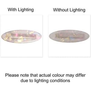 A wavy rectangle hair clip in iridescent tones, displayed with and without lighting effects. Features a logo.