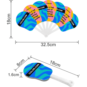 A seven-piece plastic hand fan with a blue and yellow abstract design, featuring a transparent handle and a branding logo.