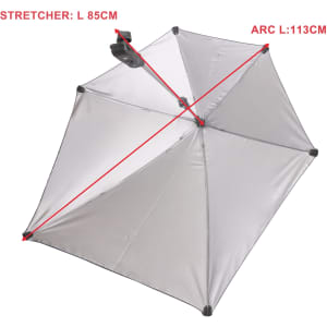 An adjustable umbrella in silver with a universal clamp, featuring measurements for stretcher and arc length.