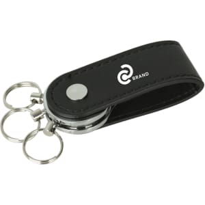 A black PU leather swivel drive with three keyring attachments and a branded logo.