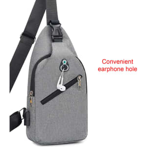 A grey sling chest bag with a zippered pocket and a convenient earphone hole. It features a shoulder strap and a logo.