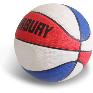 A promotional basketball featuring red, white, and blue colours with a textured surface and a logo.