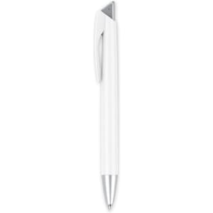 A white plastic pen with a silver clip and tip, featuring a logo on the clip.