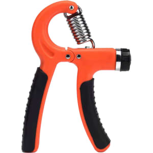A powerful adjustable hand grip in orange and black, featuring a spring mechanism and textured grips. It has a logo on the side.