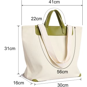 A canvas bag with a leather handle, featuring a cream colour and green accents, measured with dimensions visible.