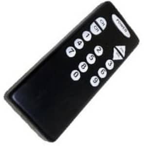 A black remote control-shaped stress reliever with white buttons and a logo.