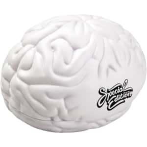 A white brain-shaped stress reliever with a textured surface and a logo on the side.