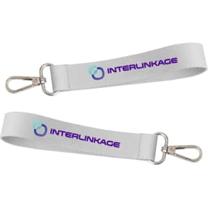 A white sublimation keyring with metal clips and a branding logo.