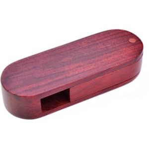 A red wooden flash drive with an oval shape and a small opening for USB connection. It features a logo on one side.