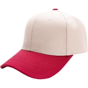 A 6-panel adjustable baseball cap in beige with a red peak, featuring a branding logo on the front.