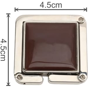 A square foldable desk hook in shiny silver with a dark brown square panel, measuring 4.5cm on each side.