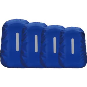 Four blue reflective backpack rain covers are stacked together, each featuring a grey reflective strip.