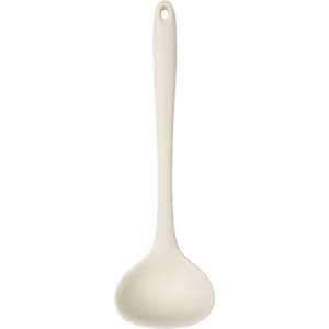 A silicone ladle in a cream colour, featuring a long handle and a round scoop end. It has a small hole for hanging.