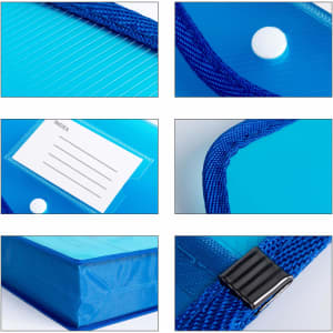 A blue expanding document folder with a button closure and label area, featuring a textured surface and fabric trim.