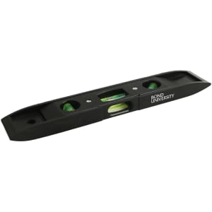 A black magnetic torpedo level featuring two vials for measuring horizontal and vertical alignment, with branding present.