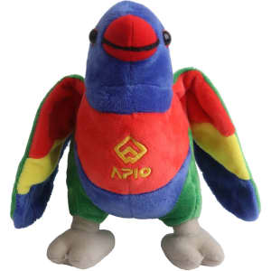 A colourful plush toy of a lorikeet with blue, green, red, and yellow features. It has a logo on its chest.
