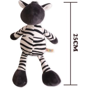 A plush zebra toy featuring black and white stripes, measuring 25 cm in height, with a small logo tag.