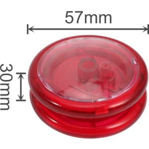 A red yoyo with a transparent top, featuring a circular shape and measuring 57mm in diameter and 30mm in height.
