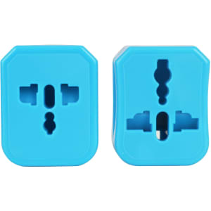 A blue universal travel adapter kit with various plug configurations on both sides.