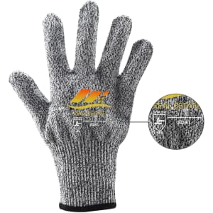 A pair of grey cut-resistant gloves with a textured surface and a logo on one side.
