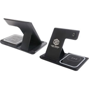 A black 3-in-1 portable wireless charger with a stand and multiple charging surfaces. It features a branding logo.