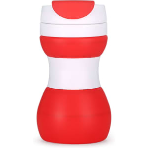 A drink bottle featuring a red and white design, made of collapsible silicone, suitable for travel.
