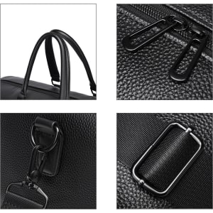 A black polyurethane duffle bag featuring zippers, handles, and metal clasps. The material has a textured finish.