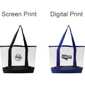 Transparent hand bags in black and navy, featuring different styles of logo prints on the front.
