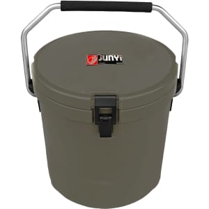 A green 12L ice bucket with a black handle and a secure lid, featuring a logo on the front.
